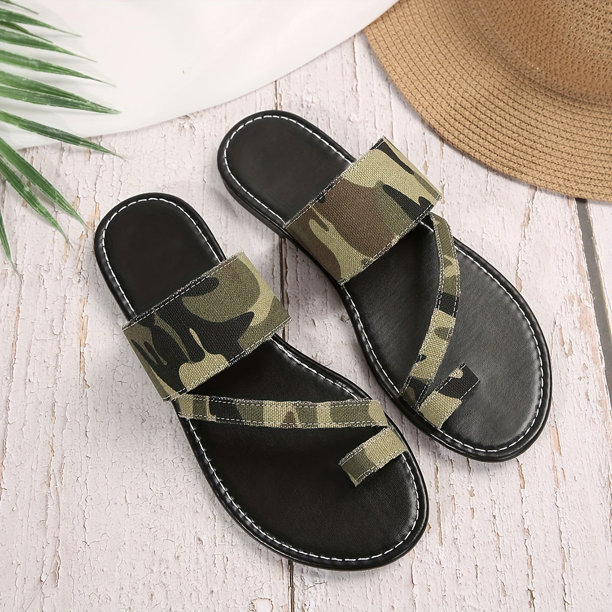 Women's Camouflage Print Slide Sandals, Casual Loop Toe Flat Summer Shoes, Lightweight Beach Slide Sandals