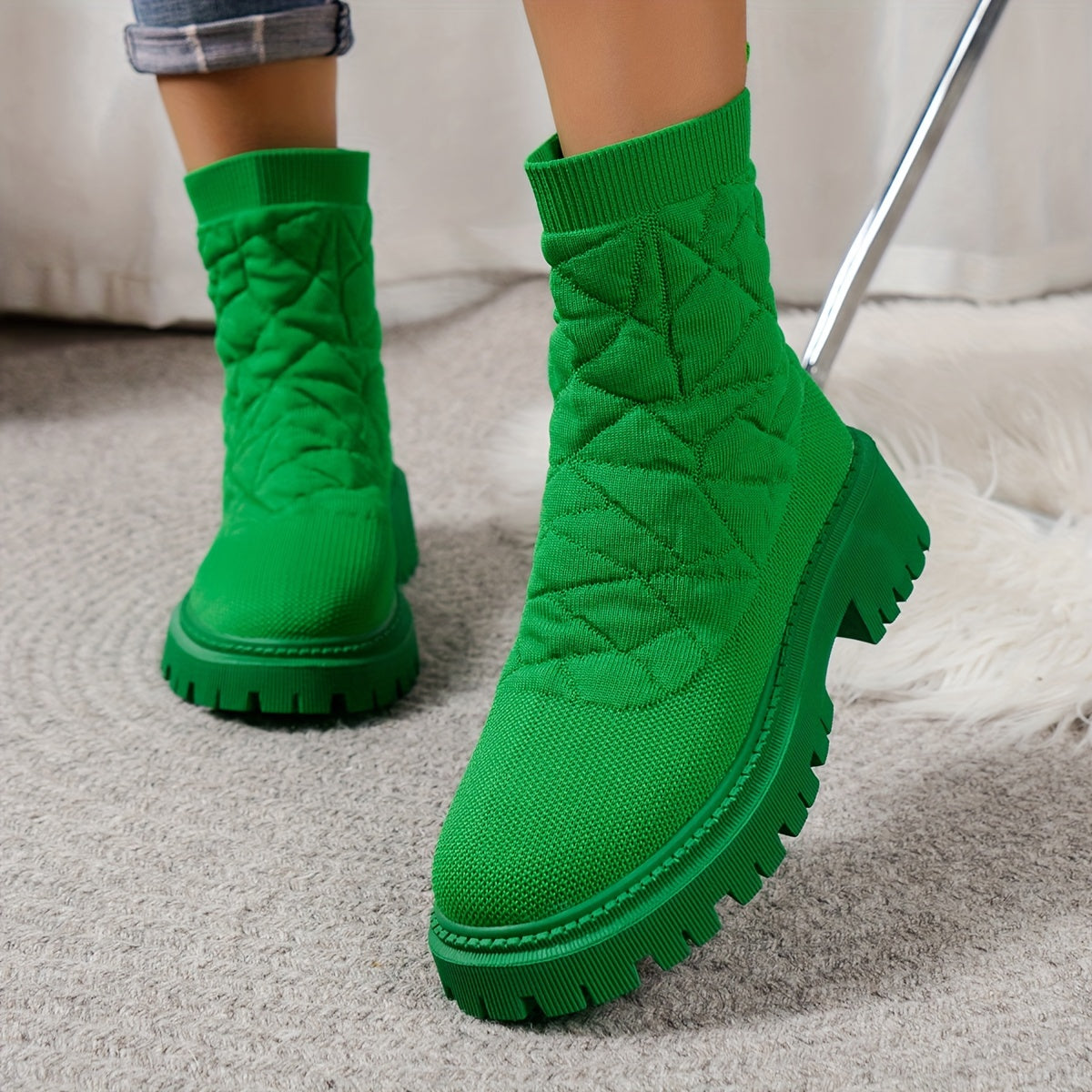 Women's Solid Color Platform Boots, Breathable Knit Slip On Boots, Comfortable Chunky Heel Boots