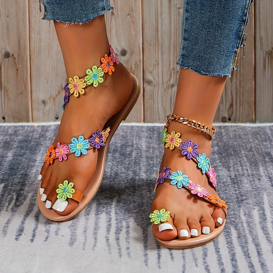 Chic Summer Comfort: Women's Floral Print Flat Sandals - Open-Toe, Non-Slip, Easy Slip-On Beach Shoes