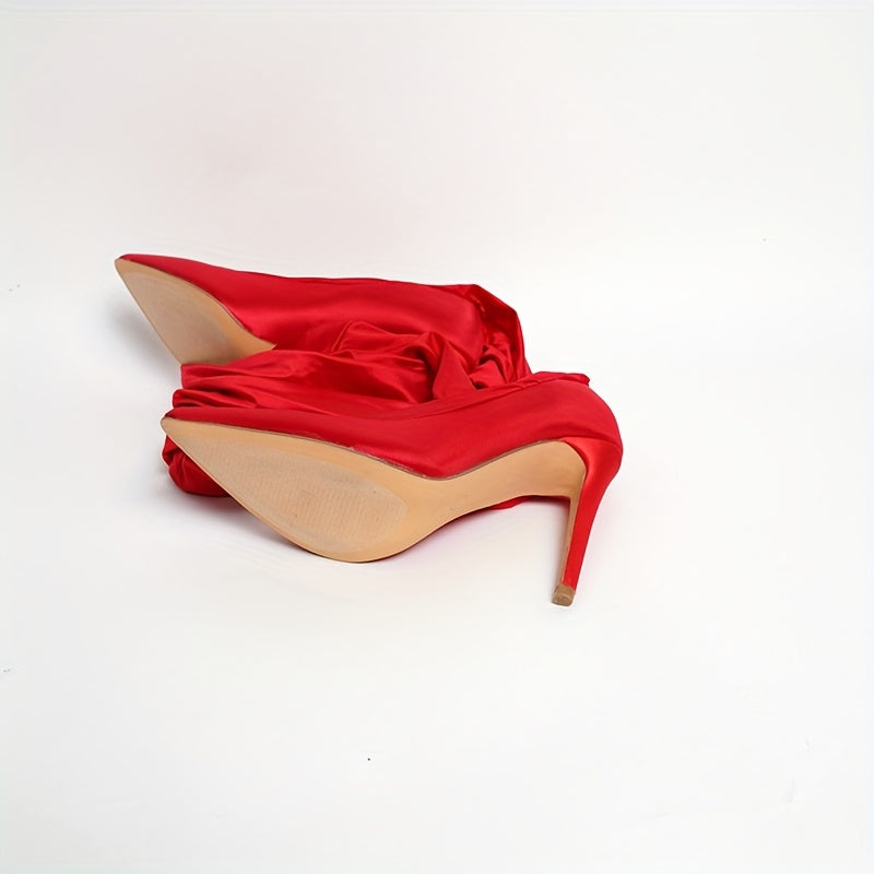 Elegant High Heel Red Booties: Sleek, Glossy Finish with Comfy Slip-On & Pointed Toe Design