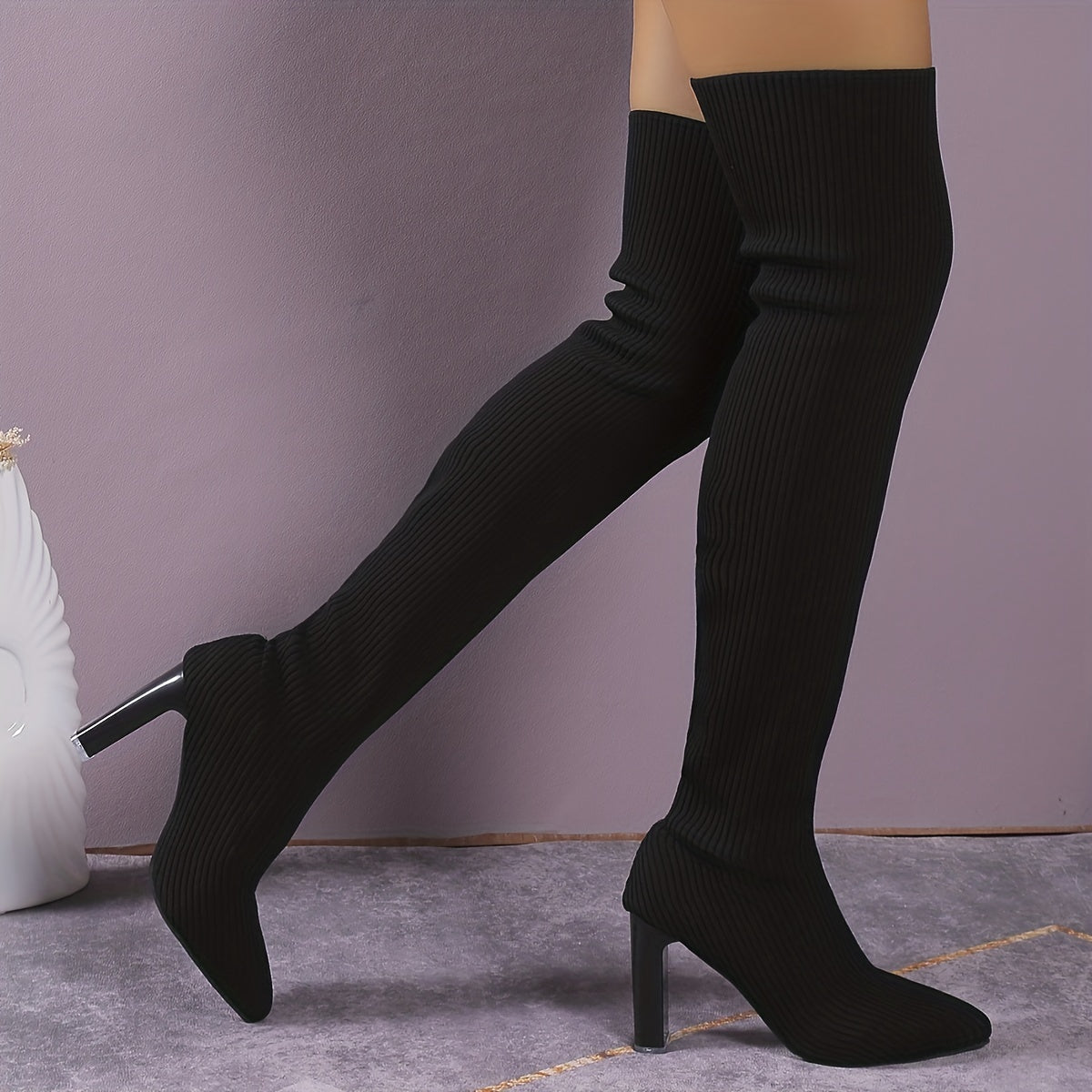 Women's Stretch Over The Knee Boots, Solid Color Pointed Toe Knit High Heels, Fashion Pull On Long Boots