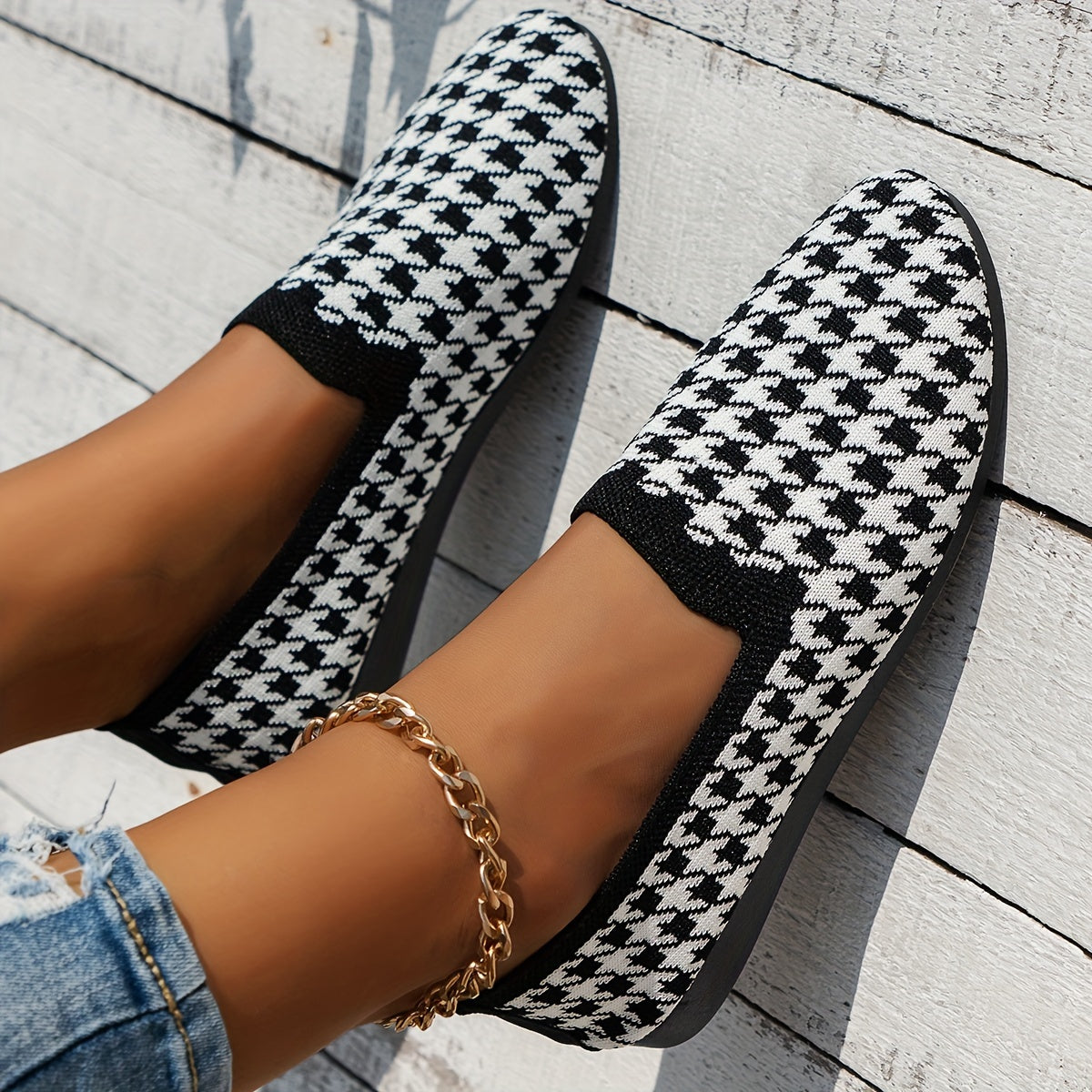 Women's Houndstooth Pattern Shoes, Slip On Soft Sole Flat Breathable Shoes, Lightweight Low-top Knitted Shoes