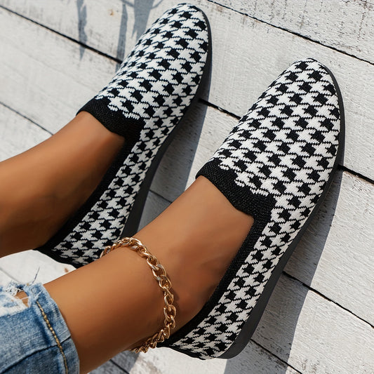 Women's Houndstooth Pattern Shoes, Slip On Soft Sole Flat Breathable Shoes, Lightweight Low-top Knitted Shoes