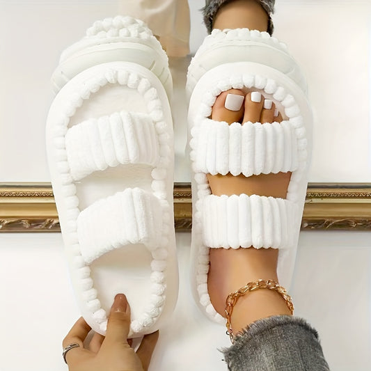 Plush Women's Slippers: Chic Double-Strap, Non-Slip Sole, Comfortable Open-Toe Platform for Stylish Indoor Wear