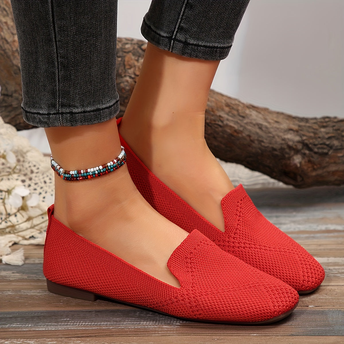 Women's Breathable Knit Flats – Comfortable Square Toe, Easy Slip-On, Lightweight, Stylish All-Season Footwear