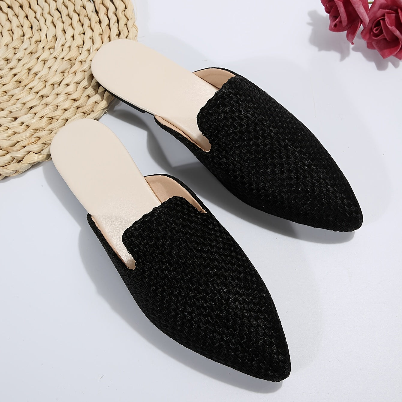 Women's Breathable Knit Mules, Elegant Point Toe Dress Shoes, Lightweight Slip On Flat Shoes