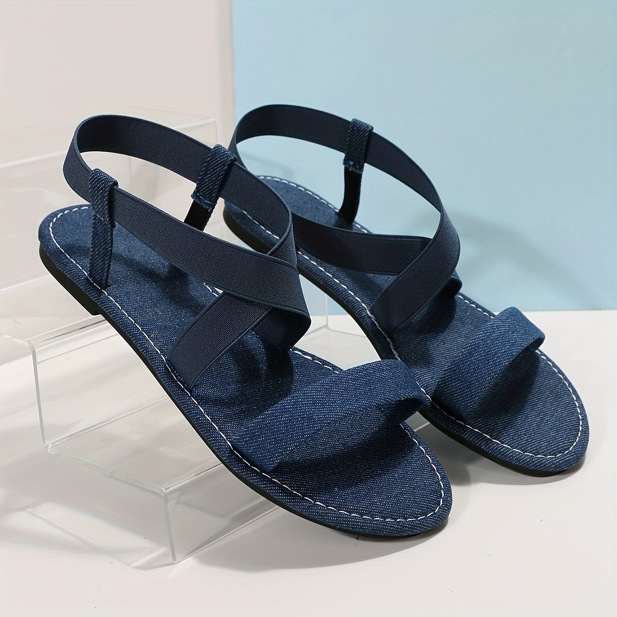 Women's Denim Flat Sandals, Fashion Cross Strap Slip On Elastic Strap Shoes, Casual Outdoor Sandals