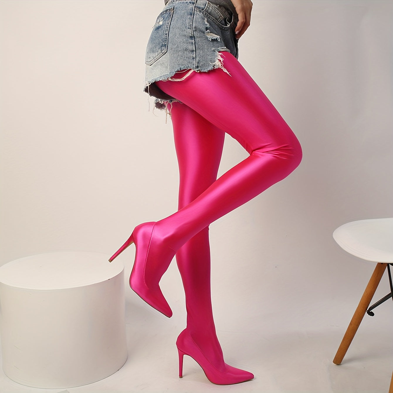 Women's Glossy Lycra Leggings Stiletto Booties, Comfy Pointed Toe Slip On Heels, Women's Fashion Boots