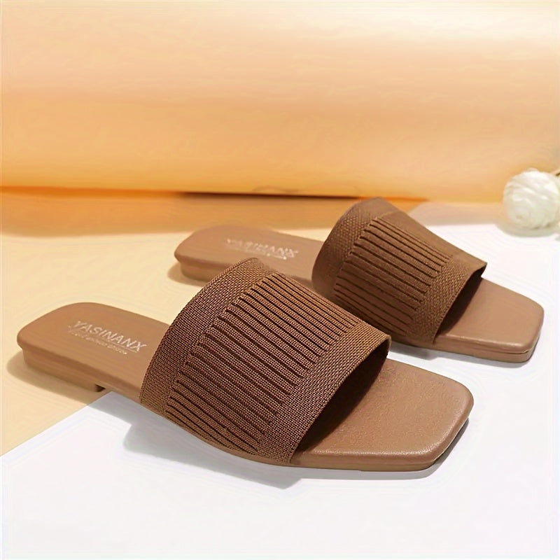 Women's Knitted Single Band Flat Slides, Casual Square Open Toe Summer Shoes, Lightweight Outdoor Beach Slides