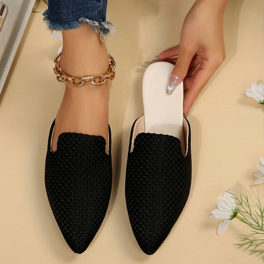 Women's Breathable Knit Mules, Elegant Point Toe Dress Shoes, Lightweight Slip On Flat Shoes