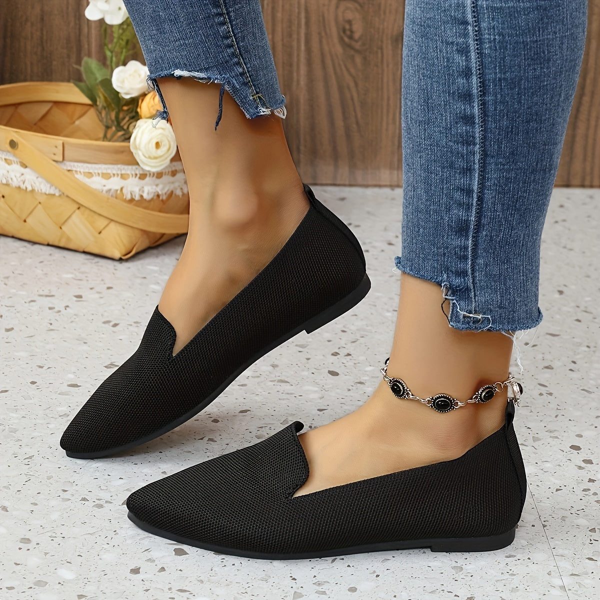 Women's Solid Color Flat Shoes, Breathable Knit Slip On Shoes, Lightweight & Comfortable Shoes