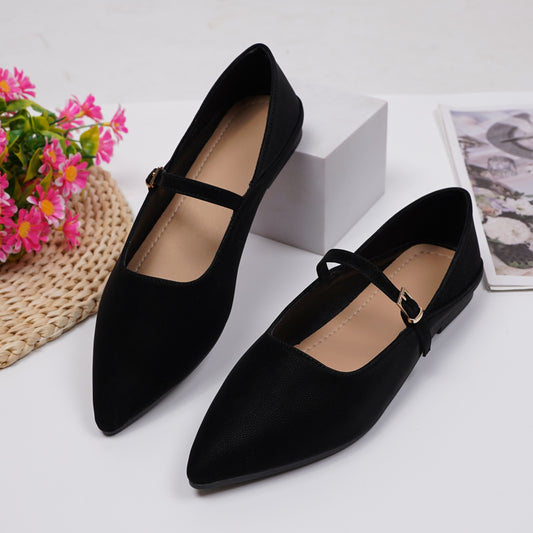 Women's Solid Color Flat Shoes, Casual Point Toe Buckle Strap Shoes, Lightweight & Comfortable Shoes