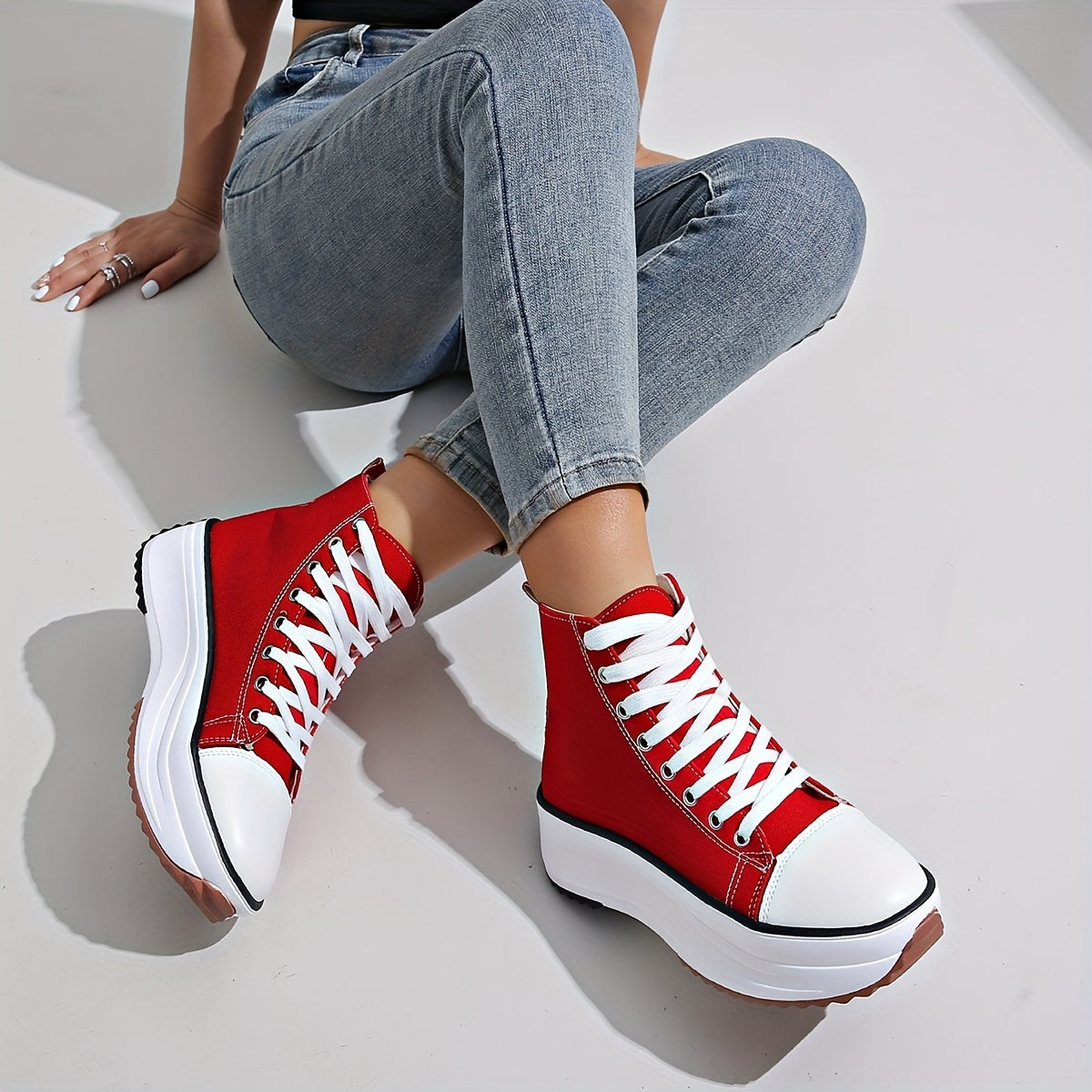 Trendy High Top Women's Canvas Sneakers: Secure Lace-Up, Flat Platform Sole, & Stylish Solid Color Design for Everyday Comfort