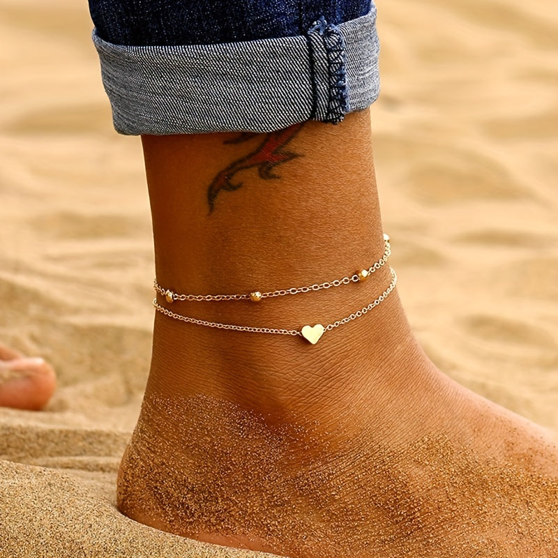 2-Piece Heart Charm Anklet Set - Delicate Thin Chain Design - Adjustable Length - Perfect for Casual or Beach Wear - For Women