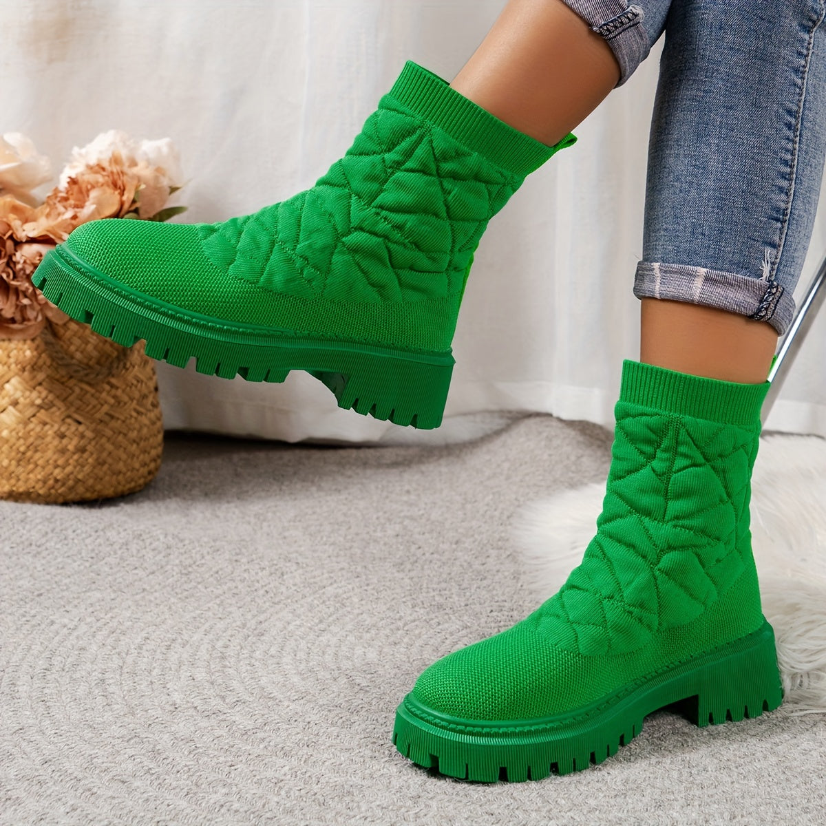 Women's Solid Color Platform Boots, Breathable Knit Slip On Boots, Comfortable Chunky Heel Boots