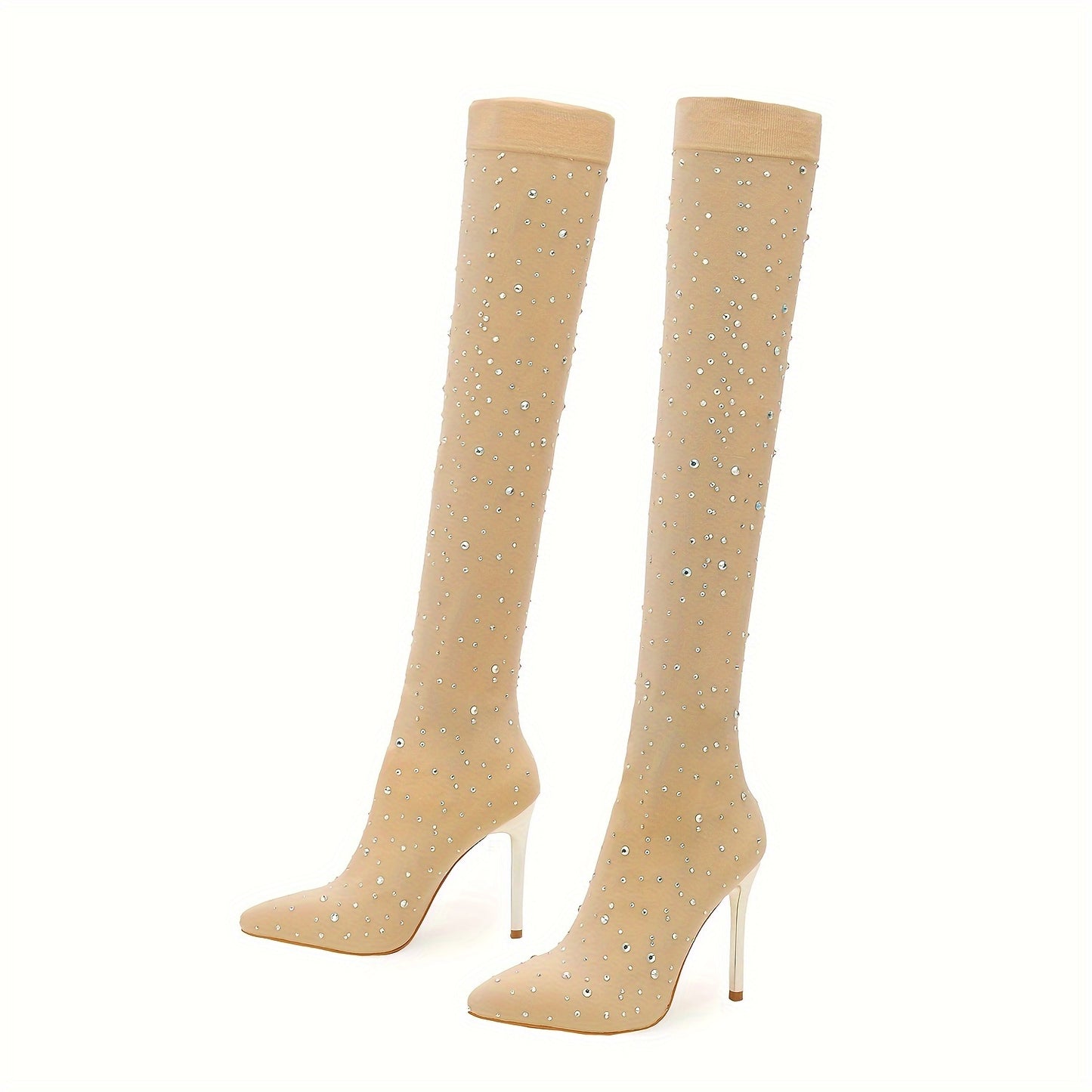 Women's Rhinestone Decor Stiletto Heeled Boots, Fashion Point Toe Dress Boots, Stylish Over The Knee Boots