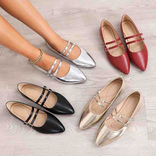 Women's Solid Color Flat Shoes, Pointed Toe Buckle Strap Shoes, All-Match Soft Sole Flats