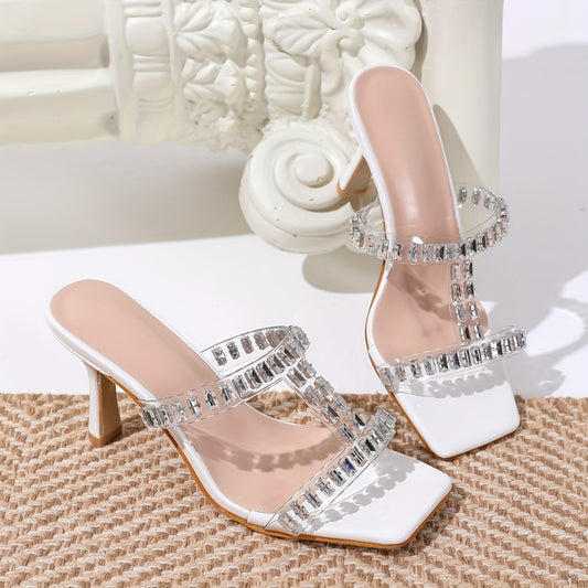 Women's Rhinestone Decor Stiletto Heeled Sandals, Fashion Square Open Toe Dress Pumps, Stylish Slip On Heels