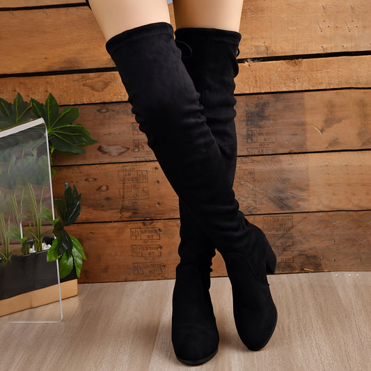 Elegant Over-The-Knee Boots with Chic Block Heel | Comfortable Lace-Up, Versatile Solid Color Design for All Seasons