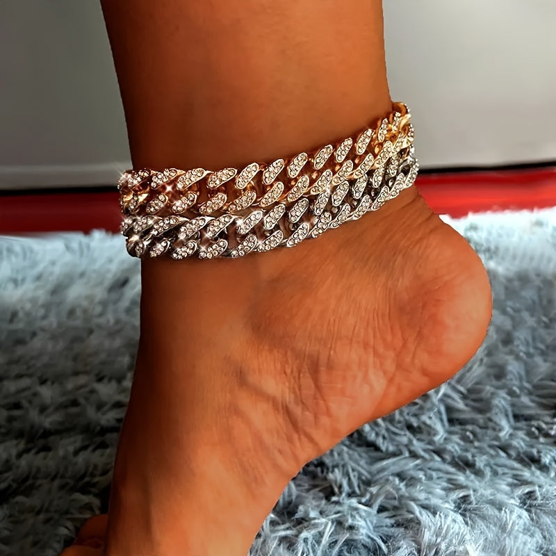 Chunky Cuban Chain Anklet For Women Men Rhinestone Golden/Silver Color Cuban Foot Bracelet Punk Hip Hop Rock Jewelry