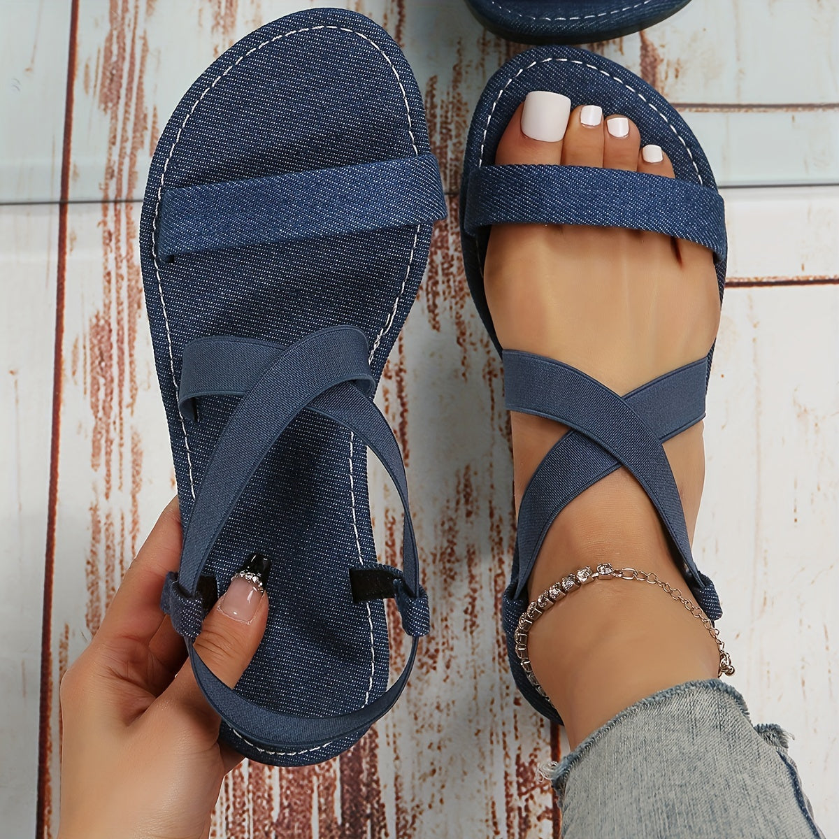 Women's Denim Flat Sandals, Fashion Cross Strap Slip On Elastic Strap Shoes, Casual Outdoor Sandals