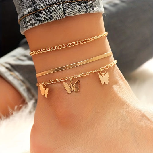 Boho-Chic 3-Pack Anklets with Butterfly Charm & Snake Chain – Elegant, Durable Iron Jewelry for Stylish Beachwear