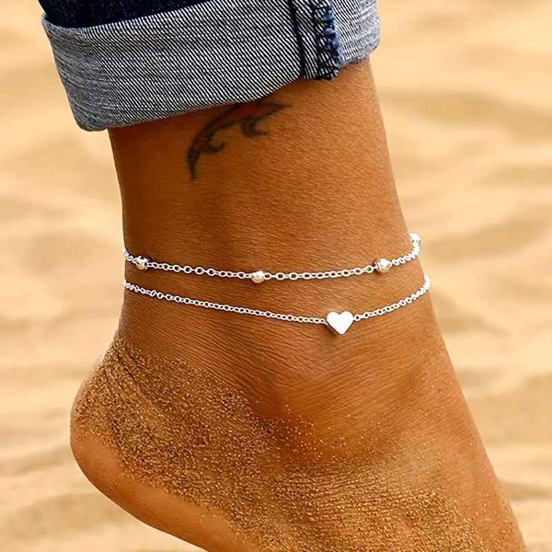 2-Piece Heart Charm Anklet Set - Delicate Thin Chain Design - Adjustable Length - Perfect for Casual or Beach Wear - For Women