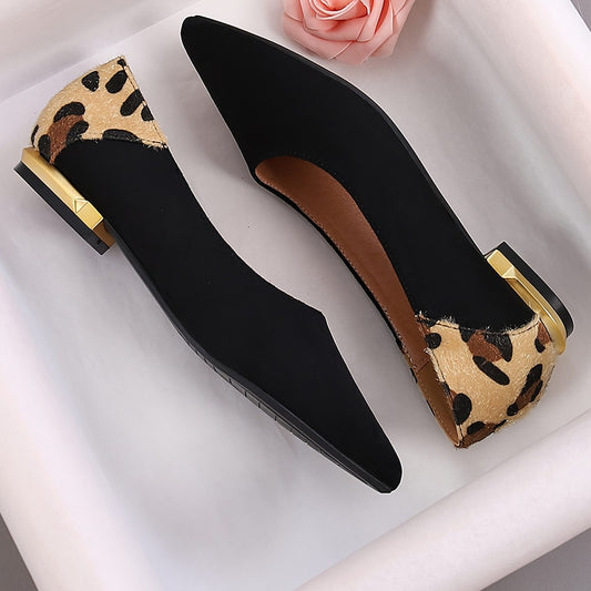 Women's Leopard Print Flat Shoes, Casual Point Toe Slip On Shoes, Lightweight & Comfortable Shoes