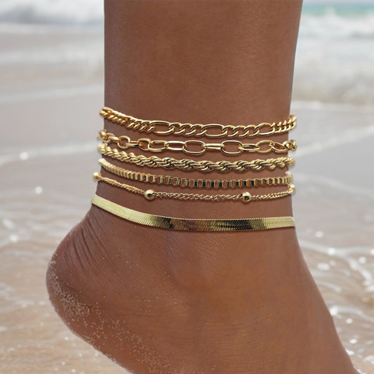 Minimalist Boho Anklet Set for Women - 18K Gold Plated Lightweight Stackable Bracelets - Stylish Everyday Accessory